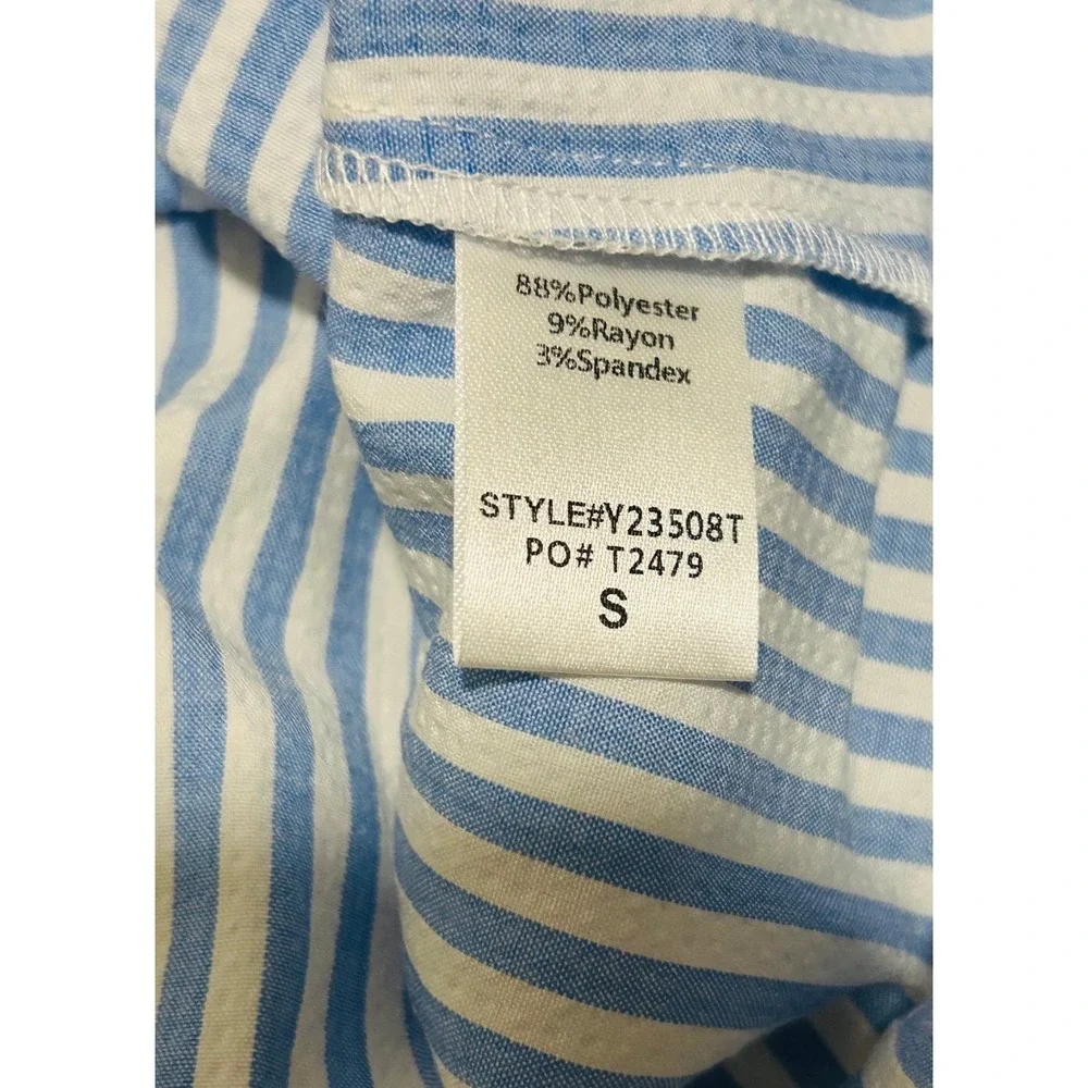 Pomander Place Selena Blouse Blue White Stripe Seersucker Puff Sleeve Top S NWOT